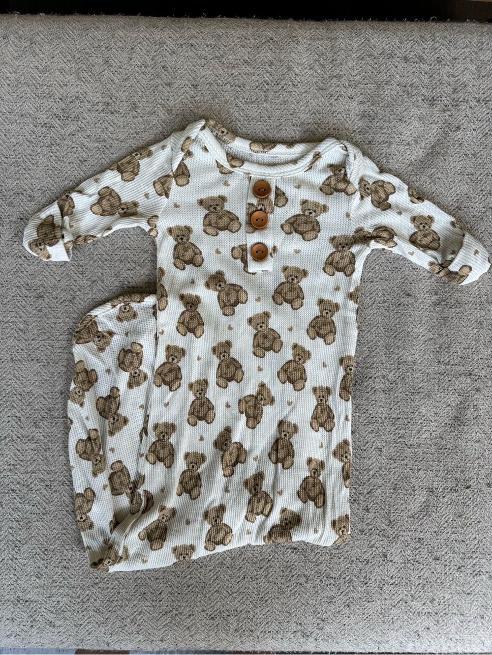 Caden Lane Teddy Bear Print Gown with Wooden Buttons and matching hat